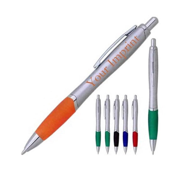 Brushed silver barrel ballpoint pen with rubber grip