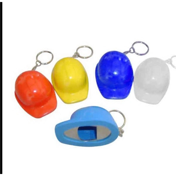 Safety helmet bottle opener with keychain