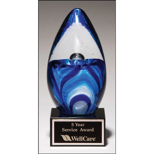Art glass egg on black glass base 4.75 x 6.5