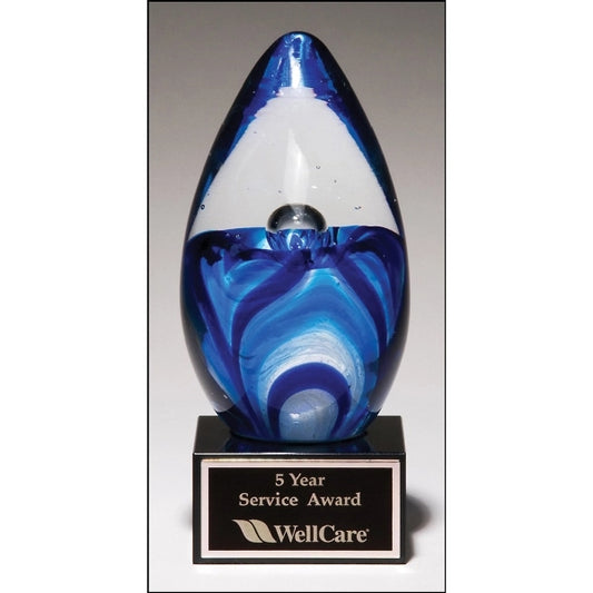 Art glass egg on black glass base 4.75 x 6.5