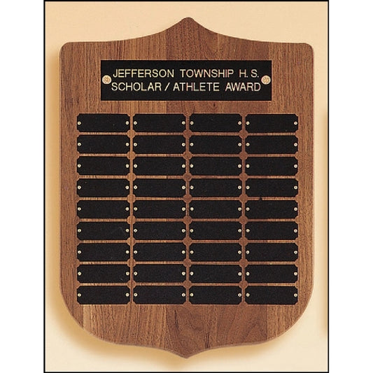 Walnut Shield Perpetual Plaque 12x16 Black brass Plates