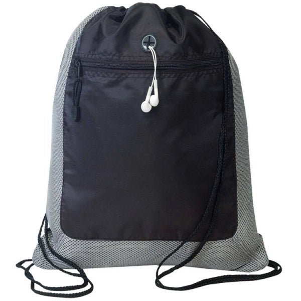Drawstring Tote Bag with Front Zipper & Headphone Pocket