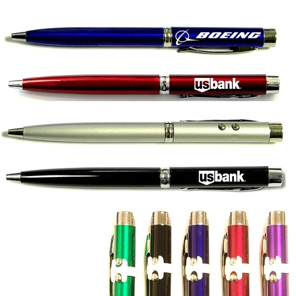 Twist action pen with laser pointer and flashlight