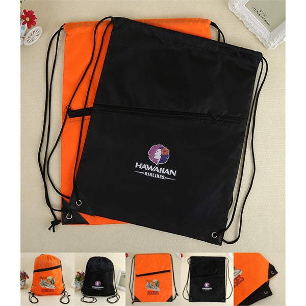 Drawstring Backpack With Earbud Hole Zippered Pocket