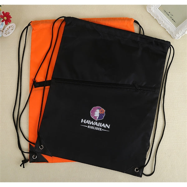Drawstring Backpack With Earbud Hole Zippered Pocket
