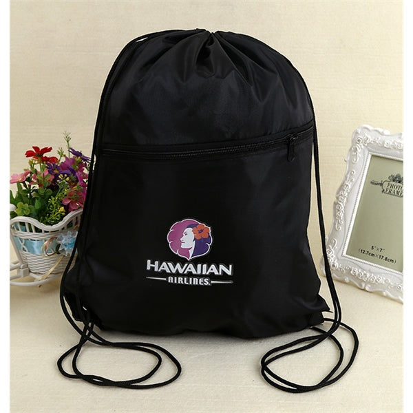 Drawstring Backpack With Earbud Hole Zippered Pocket