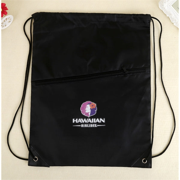 Drawstring Backpack With Earbud Hole Zippered Pocket