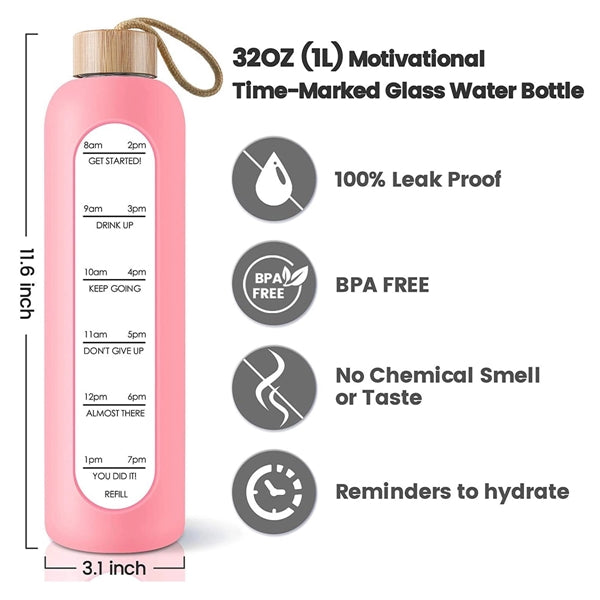 32oz Glass Water Bottle with Time Marker