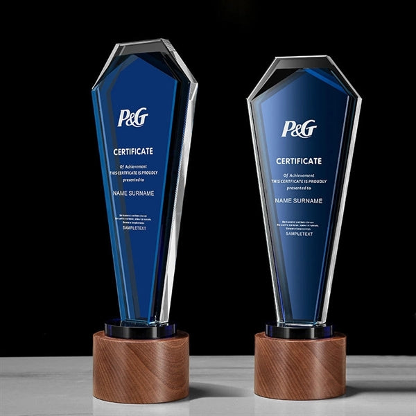 Plaque Design Blue Crystal Trophy with Wooden Base