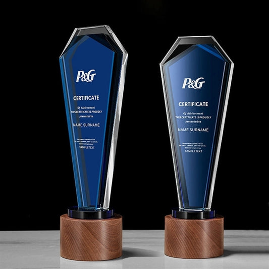 Plaque Design Blue Crystal Trophy with Wooden Base