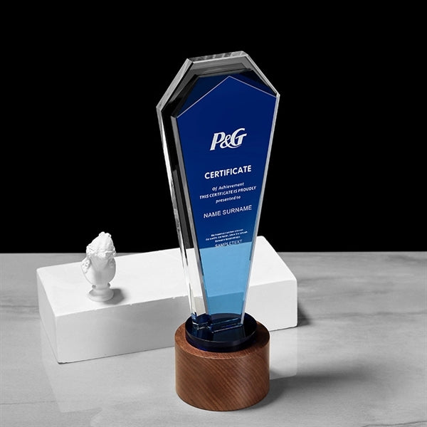 Plaque Design Blue Crystal Trophy with Wooden Base