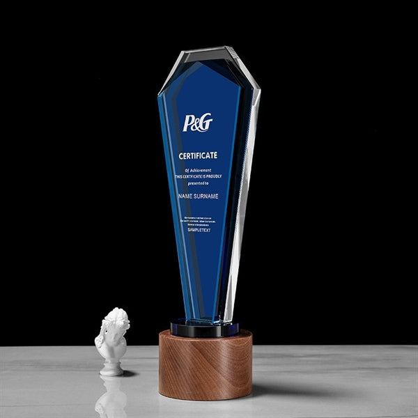 Plaque Design Blue Crystal Trophy with Wooden Base