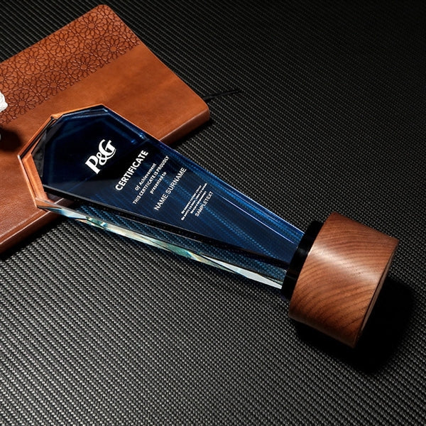 Plaque Design Blue Crystal Trophy with Wooden Base