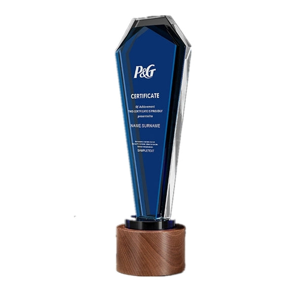 Plaque Design Blue Crystal Trophy with Wooden Base