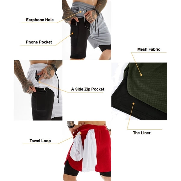 2 in 1 Quick Dry Gym Athletic Short Pants with Phone Pocket