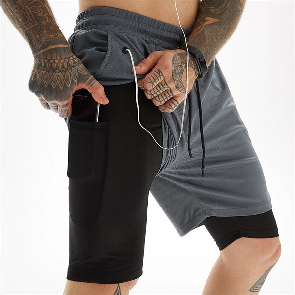 2 in 1 Quick Dry Gym Athletic Short Pants with Phone Pocket