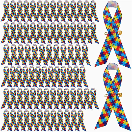 Printed Awareness Rainbow Ribbons Sewn w/Pin