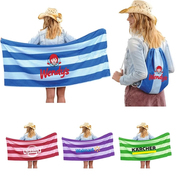 2-in-1 Microfiber Beach Towel Drawstring Bag
