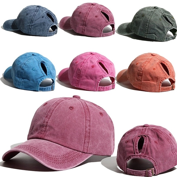 Women Washed Cotton High Ponytail Baseball Cap