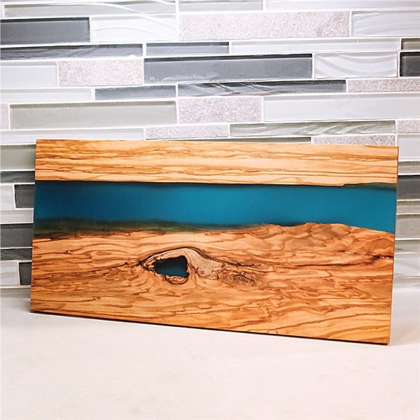 Long Olive Wood & Blue Resin Serving Cutting Board