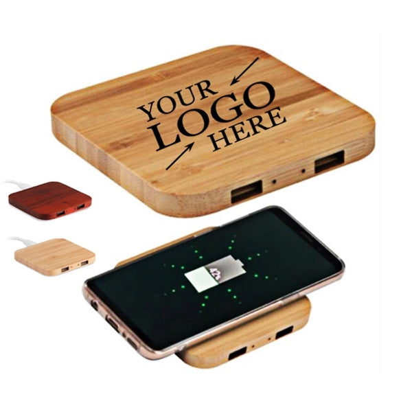 5W Bamboo mobile phone wireless charger with 2 USB ports