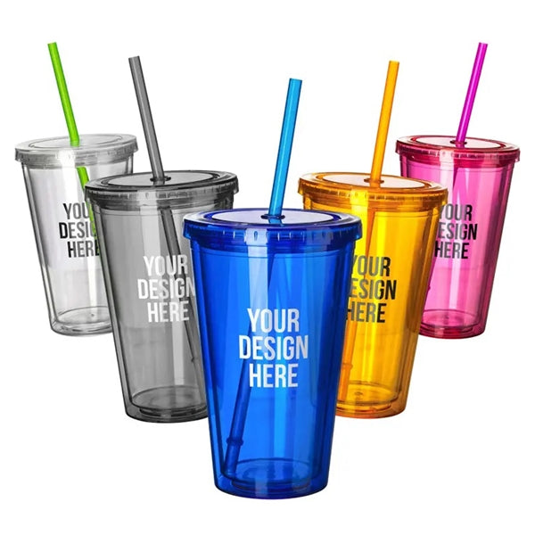 Plastic Double Wall Tumbler with Straw