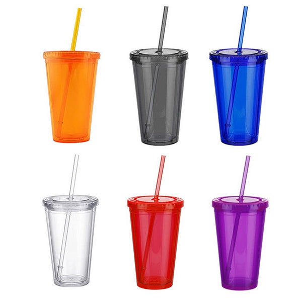 Plastic Double Wall Tumbler with Straw