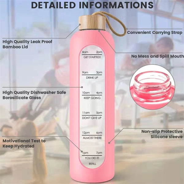 Glass Water Bottle with Time Marker Reminders