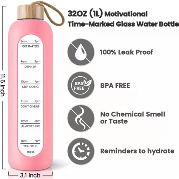 Glass Water Bottle with Time Marker Reminders