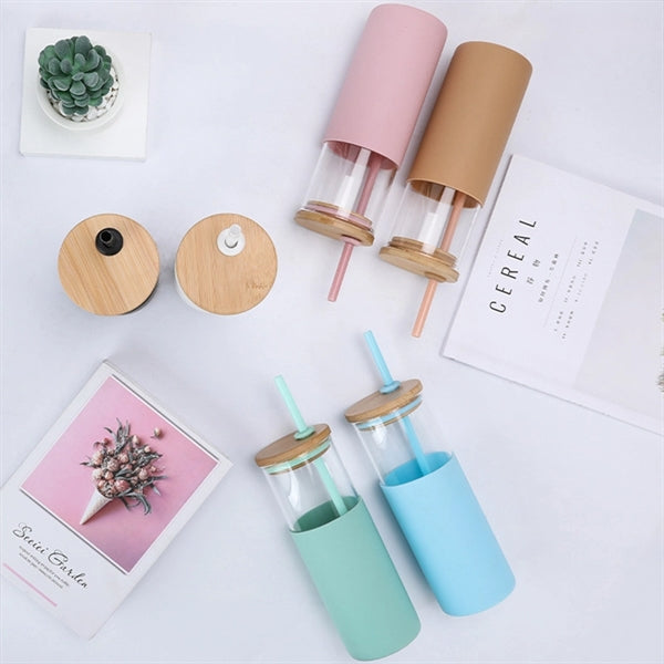 Glass Tumbler Water Bottle With Bamboo Lid