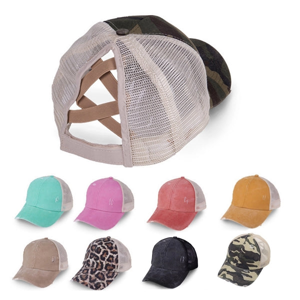 Ladies Vintage Crisscross Ponytail Mesh Baseball Cap