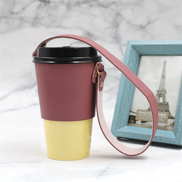 Leather Coffee Cup Sleeve Holder With Handle