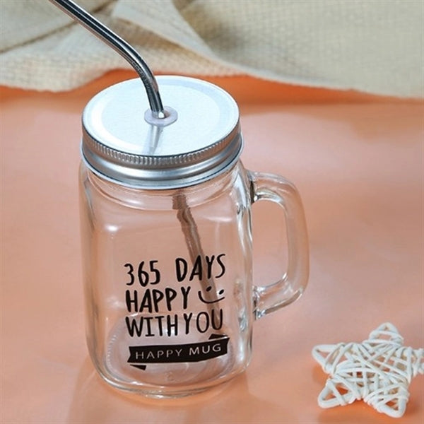 Glass Mason Jar Cup With Straw And Handle 16oz