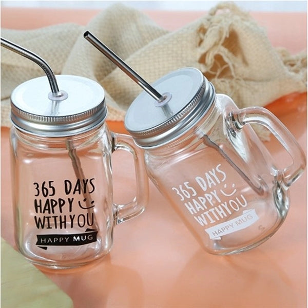 Glass Mason Jar Cup With Straw And Handle 16oz