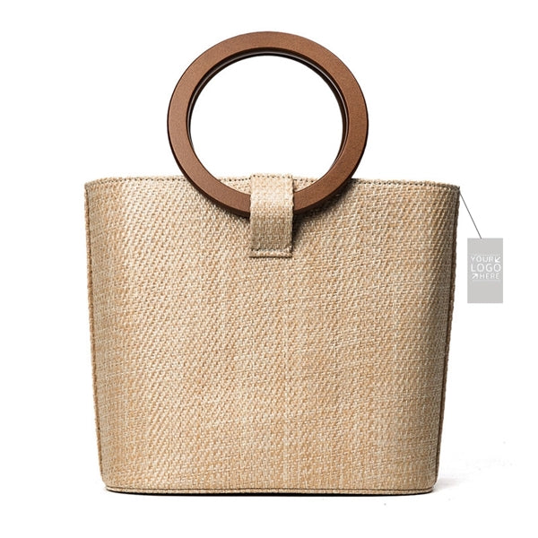 Wood Round Top Handle Rattan Tote Bag