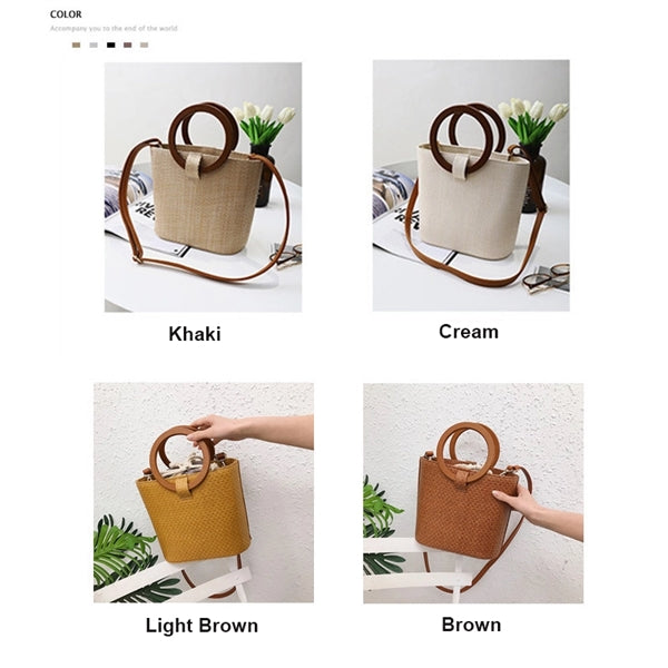 Wood Round Top Handle Rattan Tote Bag