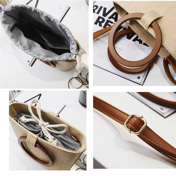 Wood Round Top Handle Rattan Tote Bag