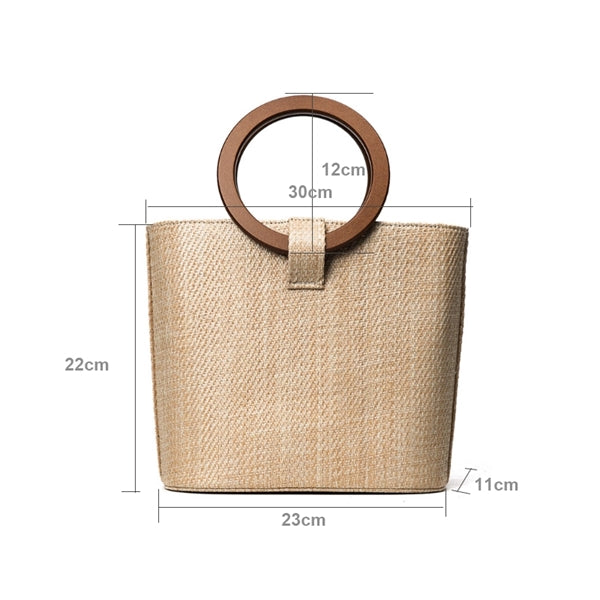 Wood Round Top Handle Rattan Tote Bag