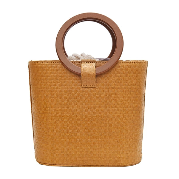 Wood Round Top Handle Rattan Tote Bag