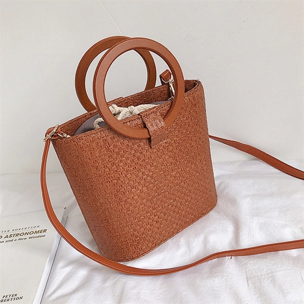 Wood Round Top Handle Rattan Tote Bag