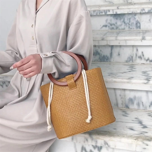 Wood Round Top Handle Rattan Tote Bag