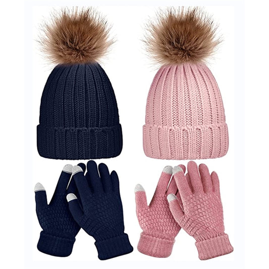4 Pieces Women Winter Knitted Pom Cap and Glove Set
