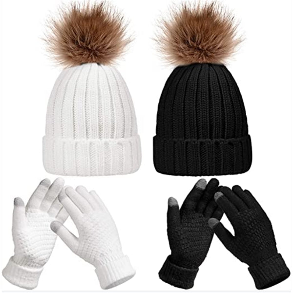 4 Pieces Women Winter Knitted Pom Cap and Glove Set