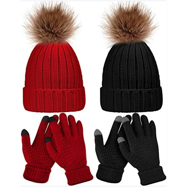 4 Pieces Women Winter Knitted Pom Cap and Glove Set