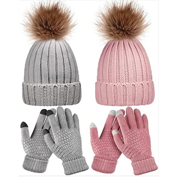 4 Pieces Women Winter Knitted Pom Cap and Glove Set