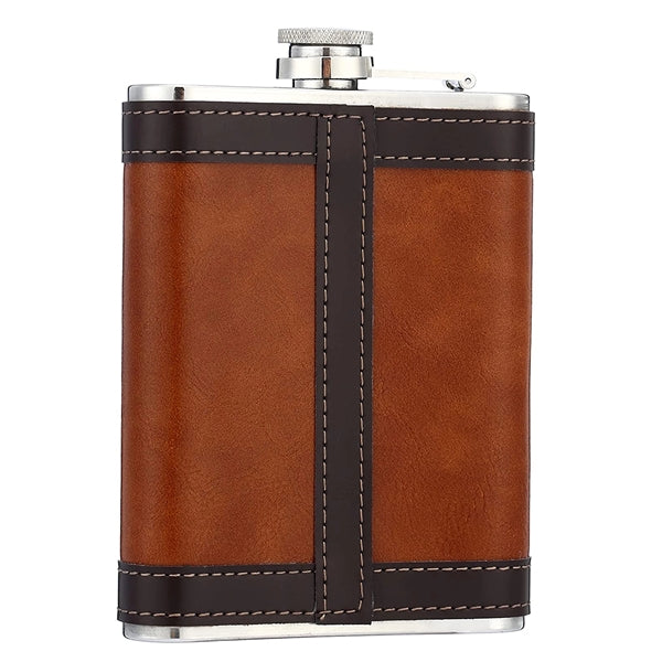Stainless Steel Hip Flask Wrapped Brown Leather