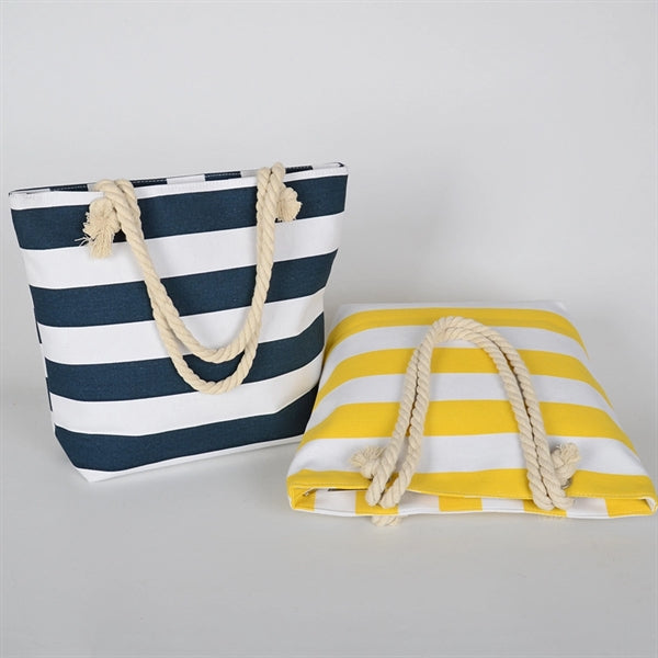 Striped Canvas Beach Tote Bag With Zipper