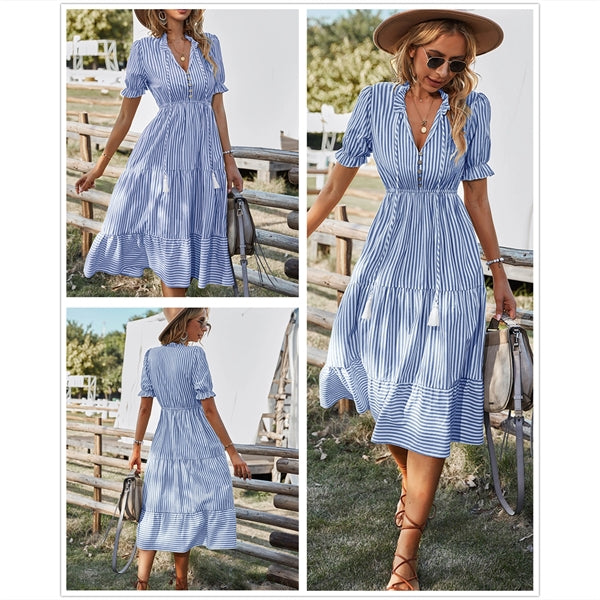 Women's Casual Striped Beach Ruffle Puff Sleeve Dresses