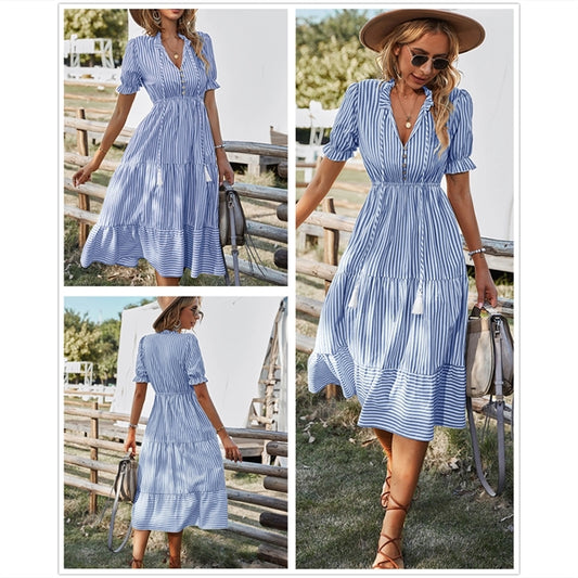 Women's Casual Striped Beach Ruffle Puff Sleeve Dresses