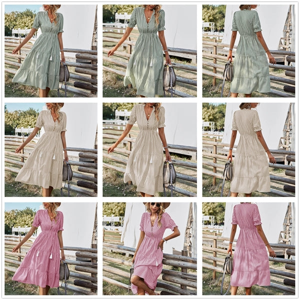 Women's Casual Striped Beach Ruffle Puff Sleeve Dresses